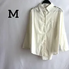 白ホワイト長袖シャツブラウスシンプル上品レース花柄M