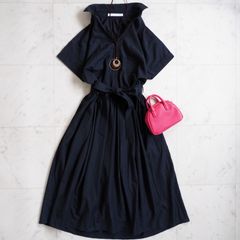 美品【Spick&Spanスピックアンドスパン】シャツワンピース 36 ネイビー Aライン  半袖 ロングワンピース