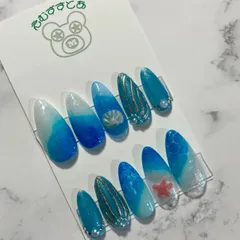 ⑱【ネイルチップ】ジェルネイル マリンネイル ブルー 海 ホワイト シェル ヒトデ オリジナル  サイズ変更可 オーダー受付中