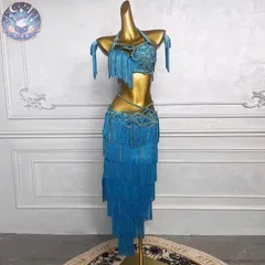 新品 未使用 ベリーダンスの高級ドラムパフォーマンス衣装 ステージ衣装女性用 ブルー M/L