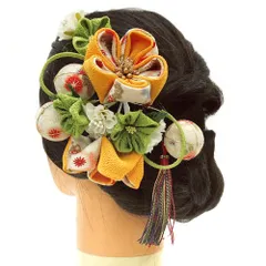 髪飾り 成人式 つまみ細工 振袖 前撮り 袴 浴衣 夏祭り 花火大会 3点セット 黄色 黄緑色 玉飾り 房つき かんざし 和柄 ちりめ No.9-3911