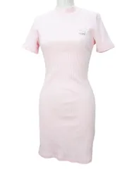 リリーブラウン Lily Brown プーマ PUMA コラボ 半袖 リブ ドレス ワンピース ミニ丈 M ピンク バックオープン ロゴ 刺繍 ストレッチ