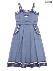 古着 フリル レース 花柄 ドット柄 デニム ロング丈 キャミソール ワンピース 青 水色 (otu2504079)