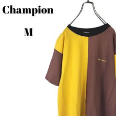 champion チャンピオン リバースウィーブ Tシャツ ワンポイントロゴ 刺繍 ロゴワッペン イエロー ブラウン マルチ配色 メンズ Mサイズ