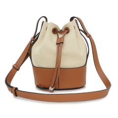 ロエベ Balloon バルーン スモール ショルダーバッグ ドローストリング 巾着 斜め掛け キャンバス カーフスキン レザー エクリュ タン ブラウン ベージュ シルバー金具 A710C31X02 LOEWE（未使用　展示品）