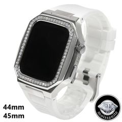 モアサナイト アップルウォッチケース 44mm/45mm シリーズ4/5/67/8/9 モアサナイトベゼル ホワイトラバーバンド カスタムバックル ゴールド ステンレススチール ラグジュアリー プレゼント メンズ 【保証付】