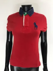 【USED】POLO RALPH LAUREN ポロラルフローレン 綿 半袖 ポロシャツ ロゴ刺繍 レッド 赤 ネイビー 紺 レディース S ゴルフウェア