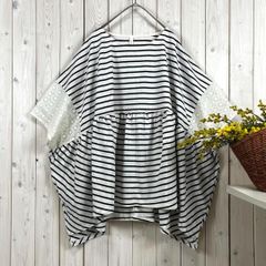 新品 ドッキング プルオーバー Tシャツ 綿 オフホワイトボーダー フリー