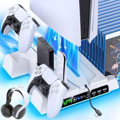 【人気商品】PS5 PS5 PS5 プレステ5/PS5スリム通常版とデジタル版両対応 ゲームディスク/ヘッドセット/ディスクドライブ/リモコン収納 充電指示ランプ付 周辺機器 2台同時充電 充電器 コントローラー 3段階風速調整PS5冷却ファン スタンド 冷却