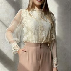 シアー トップス ブラウス 長袖 レース 透け感 きれいめ 春 秋 レディース 韓国ファッション シースルー 通勤 セレモニー 式典 丸首 オフィス