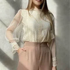 シアー トップス ブラウス 長袖 レース 透け感 きれいめ 春 レディース レーストップス シアートップス 韓国ファッションオフィスカジュアル シースルー 夏 秋 仕事 仕事着 通勤 セレモニー フォーマル 式典 丸首 オフィス 大きいサイズ 白 黒