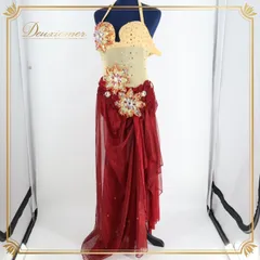 ベリーダンス オリエンタル衣装 上下セット レッド系 赤 ベージュ系 花柄 一体型 ラインストーン ビーズ 装飾 レース 舞台 発表会 イベント 豪華ドレス スリット付き 大人用 発表会衣装 ダンスパフォーマンス 舞台衣装 ダンス衣装 セクシー