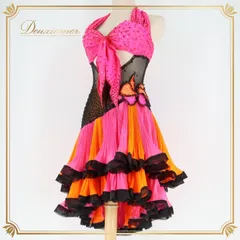 社交ダンス 衣装 ラテン ドレス ワンピース ラテンドレス フリル レース デモ 競技用 ダンス パーティ 蛍光 ピンク系 オレンジ系 可愛い おしゃれ スカート ひだ 競技用衣装 デザイン ダンス衣装 ラテンダンス  衣装 レディース パーティードレス