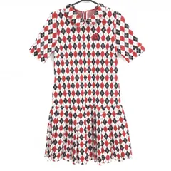 【美品】パーリーゲイツ 半袖襟付きワンピース レッド×ブラウン アーガイル  レディース 1(M) ゴルフウェア PEARLY GATES