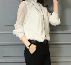 シフォンブラウス　長袖シャツ　シンプル　無地　透け感　オフィスカジュアル　おしゃれ　大人かわいい