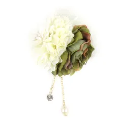 髪飾り 成人式 振袖 前撮り 袴 花 白 渋緑 カーキ ゴールド 下がり付き チェーン パールビーズ ラインストーン レース リボン No.12-0305