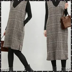 ジャンパースカート チェック柄ワンピース レディース サイドスリット ベストワンピース ノースリーブ vネック 着やせオールインワン 通学通勤 重ね着 体型カバー 韓国風 秋冬ワンピ ロングワンピース冬 タンクワンピース秋