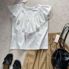 新品！完売！最新作！2wayフリルTシャツタンクトップ白ノースリーブフリルスリーブ袖フリルブラウスフリルカットソーフリルブラウスフリルトップス