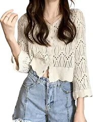 Lilly chocolate ショート丈 カーディガン レディース 透かし編み ざっくり 鍵編み 春 夏 秋 春夏 薄手 軽い 涼しい サマーカーディガン クロップド 羽織り スタイルアップ リゾート 水着の上 おしゃれ(ベージュ,  M)