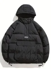 メンズ ジャケット 冬 カジュアル フード付き ダウンジャケット ソリッドカラー 長袖 レギュラーフィット 伸びない織物 ポリエステル繊維 ポケット付き ハーフプラケットコート 大きいサイズ アウター おしゃれ アウトドア アクティブ 防寒 ブラック