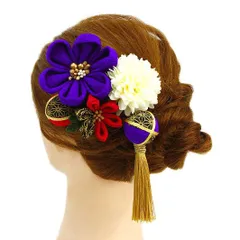 髪飾り 成人式 つまみ細工 赤 振袖 前撮り 袴 浴衣 夏祭り 花火大会 豪華5点セット 紫 白 玉飾り 房付き ちりめん 麻の葉文 和 No.9-3496