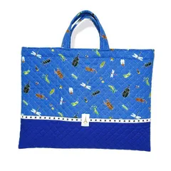 レッスンバッグ キルティング 手提げ 45 35 大きめ 裏地付き 昆虫 ブルー クワガタ カブトムシ トンボ