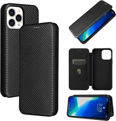 GANGXUN スマートフォンケース 手帳型 炭素繊維調 スタンド機能 スマホケース カバー(ブラック,  iPhone 13 Pro Max)