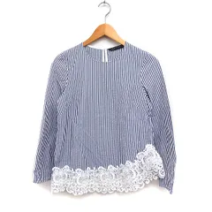 ザラウーマン ZARA WOMAN 裾レース ストライプ ブラウス 長袖 アシンメトリー コットン 綿 XS グレー 灰 /FT17