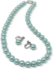K&R パールネックレス 10mm珠 日本製 冠婚葬祭 結婚式 カジュアル 2点セット( 水浅葱,  45Cm イヤリング)