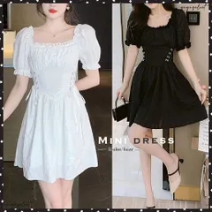 スクエアネック ミニワンピース無地パフ袖フェミニン膝上丈 半袖ワンピース レディース ウエストマーク サマーワンピ 白黒2WAY オフショルダーワンピきれいめワンピース 結婚式 夏ワンピース 韓国 セクシーワンピース