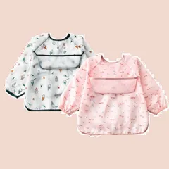 【特価商品】[MOMSMENU] 食事用エプロン ベビー お食事エプロン 長袖 子供用 防水 軽量 立体ポケット 6ヶ月から18ヶ月 2枚セット
