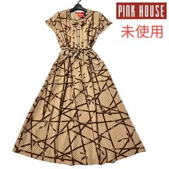 新品　タグ付き【定価４万円】ピンクハウス　総柄　リボン柄　ドット　ロングワンピース　Aライン　シフォン　ウエストベルト　ブラウンベージュ　フリーサイズ　ヴィンテージ　レトロ