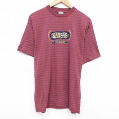 L/古着 半袖 ビンテージ Tシャツ メンズ 00s カンザスジェイホークス 刺繍 コットン クルーネック エンジ ボーダー 25aug28 中古