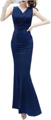 BEYANE Vネック マーメイド スリット ロングドレス レディース キャバドレス ストレッチ カジュアル クラブ ワーク ミモレ ミセス ライン入り ドレステル キャバクラ ハイウエスト ロング丈 マキシ 肩だし( ネイビーブルー,  M)