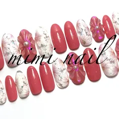 現品限りフルサイズネイルチップ ピンク＆ぷっくりフラワーネイルチップ ハンドメイド ロング ジェルコート済 春ネイル 全サイズ