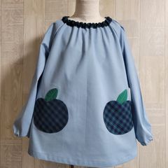 120サイズ りんごポケット タータンチェック 緑 長袖スモック 首パイピング ブルー