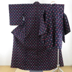 ウール着物 アンサンブル 羽織セット 菊柄 単衣 紺色 織り文様 バチ衿 カジュアルきもの 仕立て上がり 身丈165cm