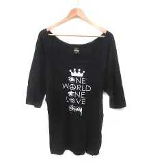 ステューシー STUSSY Tシャツ カットソー Uネック オフショルダー 七分袖 M 黒 ブラック 白 ホワイト /MSのサムネイル