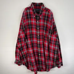 古着 ラルフローレン RALPH LAUREN 長袖シャツ チェック 大きいサイズ 薄手 ロゴ 刺繍 XXL  レッド マルチカラー メンズ