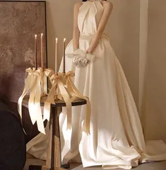 【新品 未使用】2026新作 ウエディングドレス 結婚式 サテン Aライン 前撮り 半袖 ドレス ホワイト バックリボン 無地 花嫁 ロング ハイネック 二次会 結婚式 