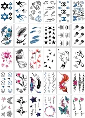 【特売】タトゥーシール ボディーシール 防水 TATTOO 30枚セット 六芒星 猫 ダイヤモンド 蝶 薔薇 星 王冠 羽 ニコニコ 009