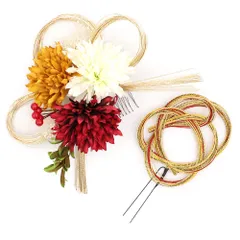 髪飾り 成人式 水引 赤 振袖 前撮り 袴 2点セット ゴールド 白 黄色 花 カスミソウ リーフ 葉 トレンド コーム かんざし かわ No.12-0479