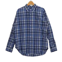 90's vintage 90年代 ヴィンテージ Ralph Lauren classic FIT チェック ポニー刺繍 長袖 シャツ ボタンダウン ワンポイント刺繡 オーバーサイズ ビックシルエット CHINA製 Lサイズ ブルー ライトブルー ホワイト