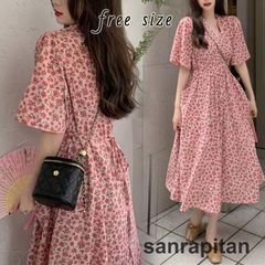 シフォンワンピース レディース Vネックロング 花柄きれいめ 体型カバー 春夏半袖 まとめ買い割引