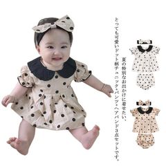 ベビー服 女の子 水玉柄 ロンパース ワンピースチュニック カバーオール キッズ服 子供服 ショートパンツ ヘアバンド 上下 新生児 赤ちゃん リボン フリル 可愛い かわいい wrWE242