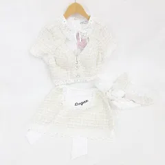 sugar nine ハロウィン コスプレ セット メイド カットソー スカート 半袖 ミニ レース リボン カチューシャ カフス 網タイツ しっぽ ベージュ 白 ホワイト M
