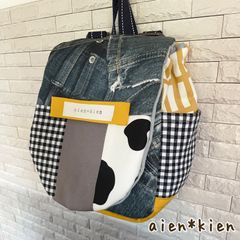 名入れ無料＊ベビーリュック＊ダメージデニム×牛柄＊男の子のお祝いに♪一升餅用にも