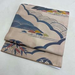 名古屋帯 なごや帯 九寸 帯 中古 リサイクル ベージュ 全体柄 普段着 紬 小紋 正絹 ハンドメイド 3044