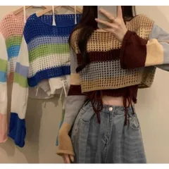 長袖 ショート丈 ボートネック ボーダー ニット ホルターネック ニット キャミソール 2点セット