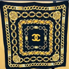 ◎【✨スカーフ✨】CHANEL シャネル　スカーフ　大判　86×86㎝！　ブランド　ロゴ　カラー　黒　ブラック　金　ゴールド　GOLD　ヴィンテージ　アンティーク　チェーン　鎖　柄　希少　有名　国外　外国　ブランド　おしゃれ　カワイイ　ハンカチ